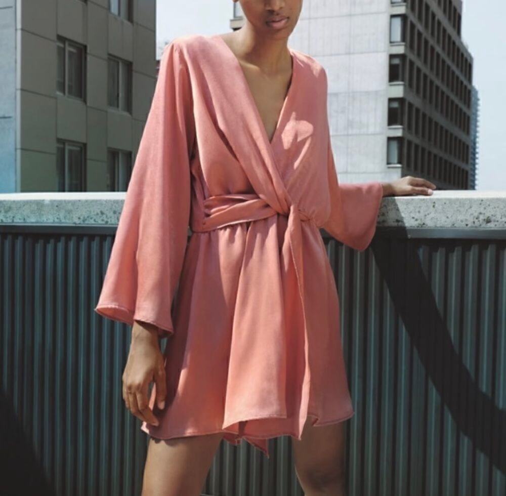 Zara Satin Effect Romper Dress XS Champagne Twist Front Long Sleeve NWT